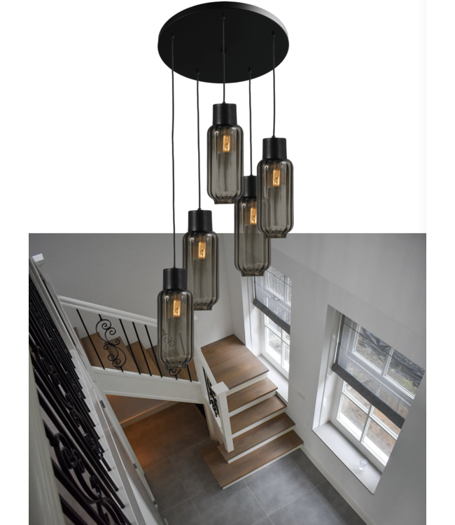 5licht hanglamp ronde plaat met italiaans ribbel rookglas -50cm- Zwart