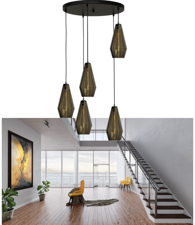 Videlamp Diamond Italiaans smoke glas-50cm zwart -5glazen