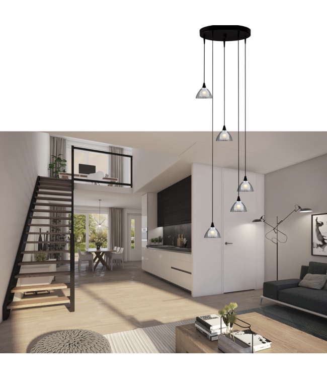 Videlamp rond 5 lichts hanglamp zwart 35cm dubbel Italiaans glas