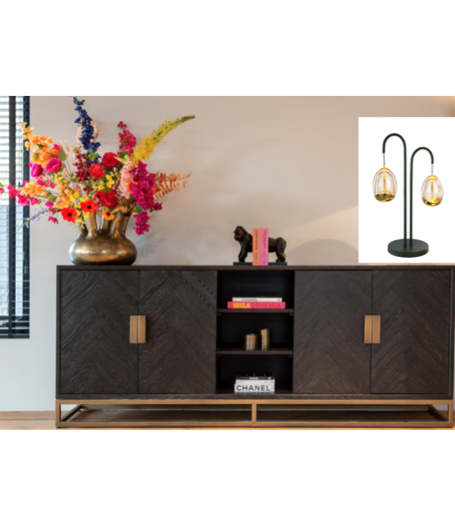 Tafellampje 2 lichts met gebogen zwarte houders en egg glas goud