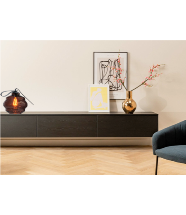 Ribbel vormige tafellamp met rood kleurig glas met leren handvat -22cm-