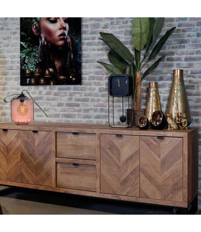 Tafellamp met rood geribbeld doorzichtig glas met leren handvat -24,5cm- Rood