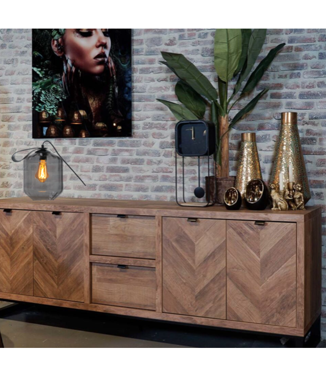 Tafellamp met smoke geribbeld doorzichtig glas met leren handvat -24,5cm- Smoke