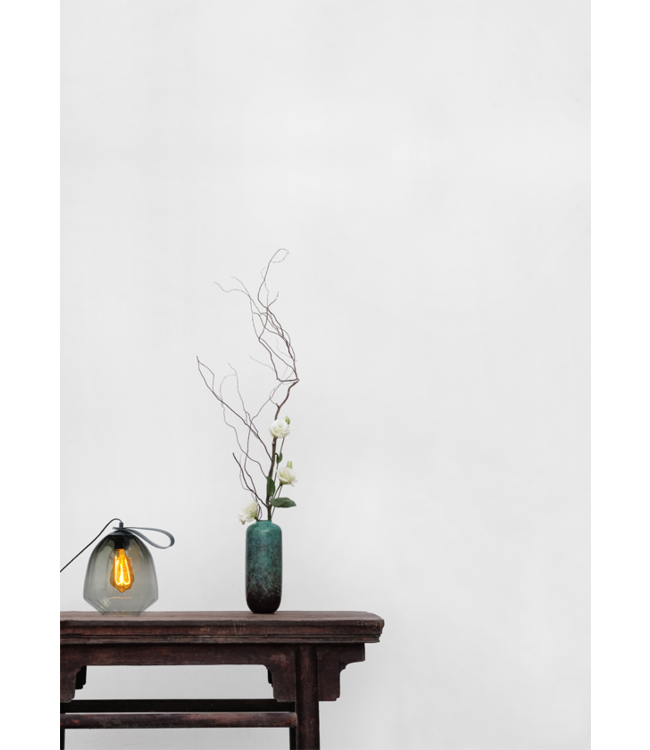 Peervormige tafellamp doorzichtig geribbeld glas met lederen -21,5cm- Groen