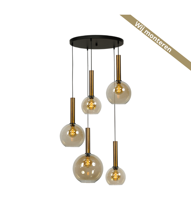 Masterlight Videlamp Bella rond glas  smoke fume antiquebrass pendels 5lichts  50cm