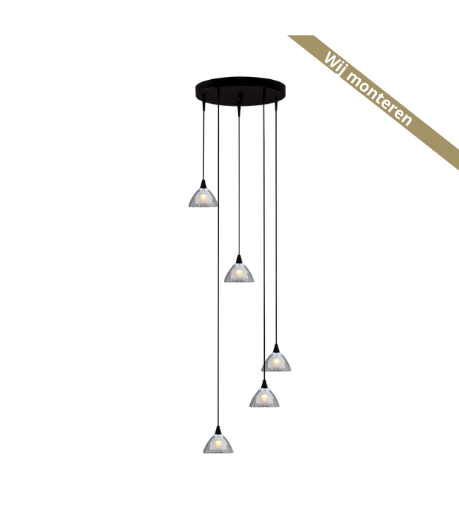 Videlamp rond 5 lichts hanglamp zwart 35cm dubbel Italiaans glas
