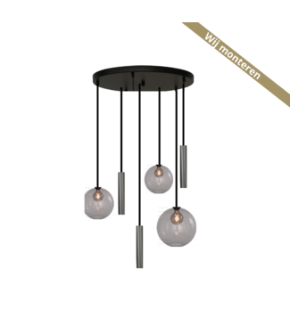 Masterlight Hanglamp glad smokeglas 6 lichts -50cm- Zwart -