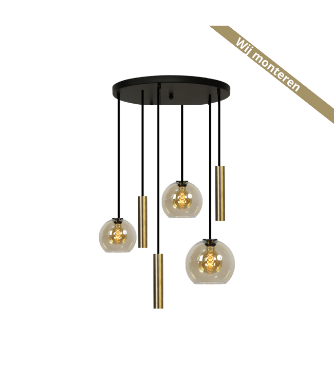 Glad rookglas bollen 6lichts ongelijk hanglamp -50cm- Zwart - Antique brass