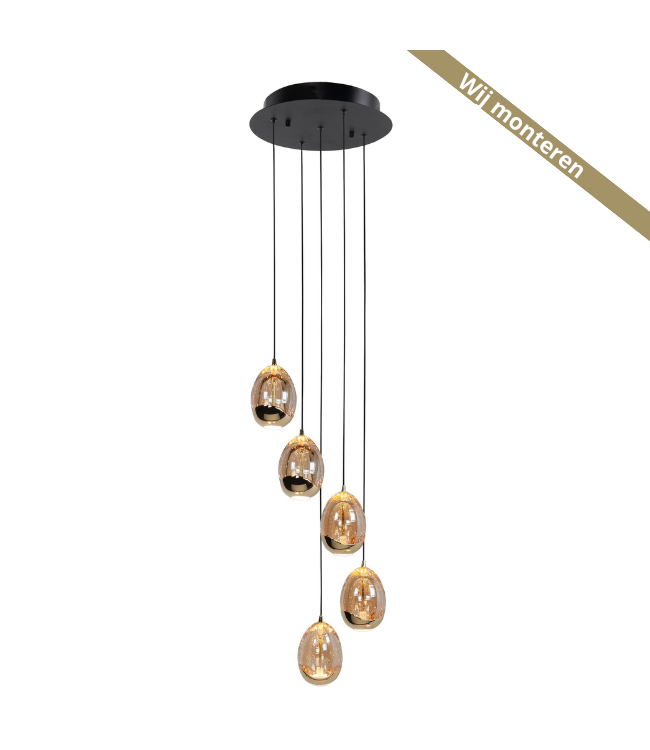 Gouden eivormige 5 lichts hanglamp op een ronde plaat -30 cm- Zwart/Goud