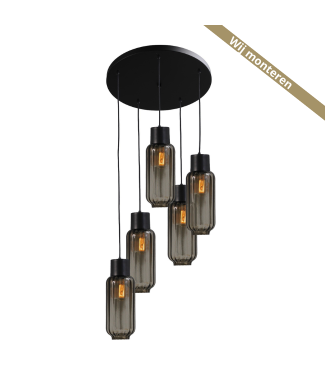 5licht hanglamp ronde plaat met italiaans ribbel rookglas -50cm- Zwart