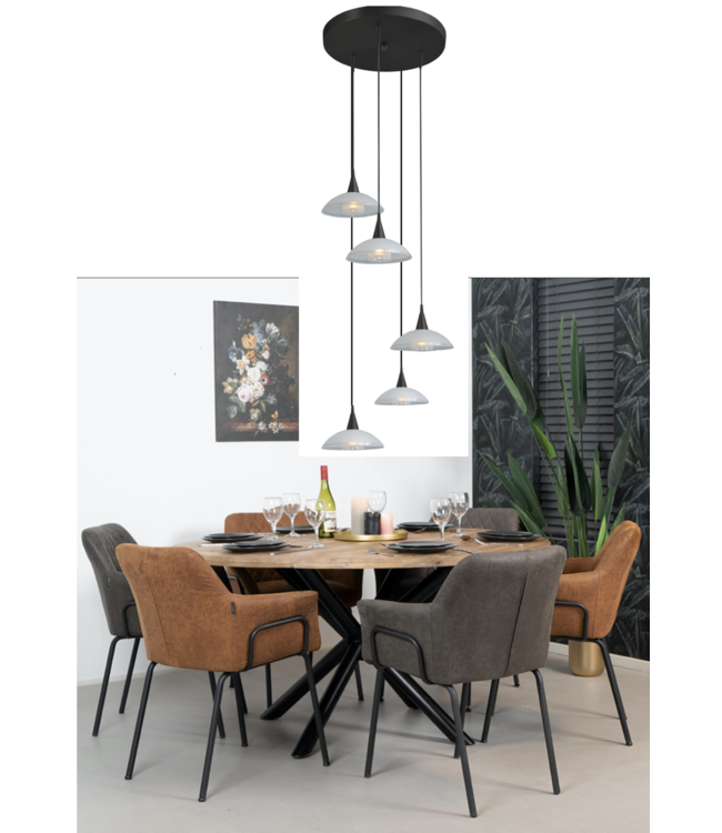 Ronde 5 lichts hanglamp zwart 35cm dubbel Italiaans glas mat