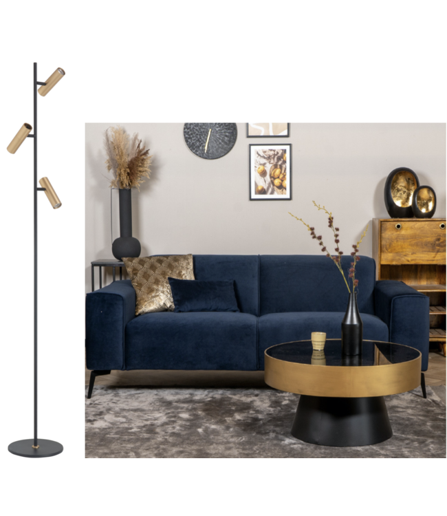 Vloerlamp met 3 buis spots zwart /goud schakelbaar
