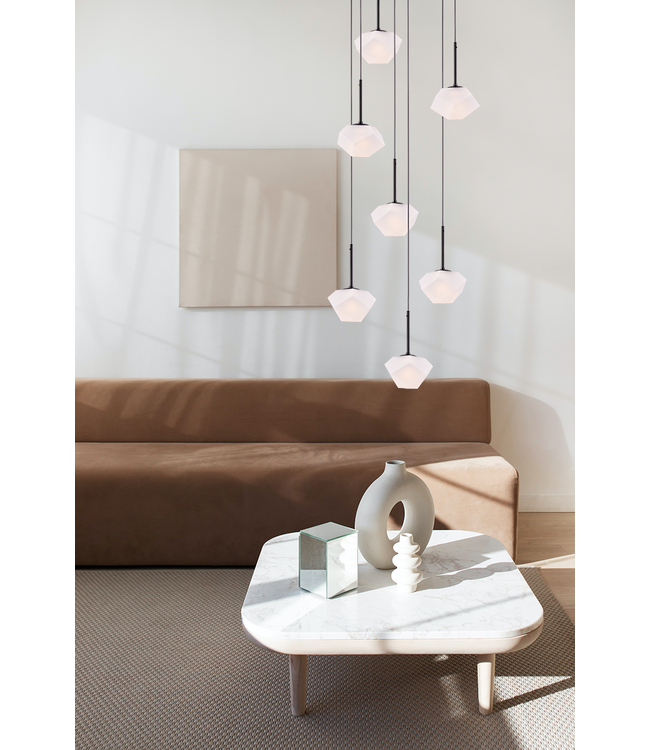 Videlamp Pezzo rond 7 lichts hanglamp zwart 50cm mat diamant vormig glas