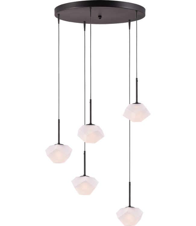 Videlamp Pezzo rond 5 lichts hanglamp zwart 50cm mat diamant glas