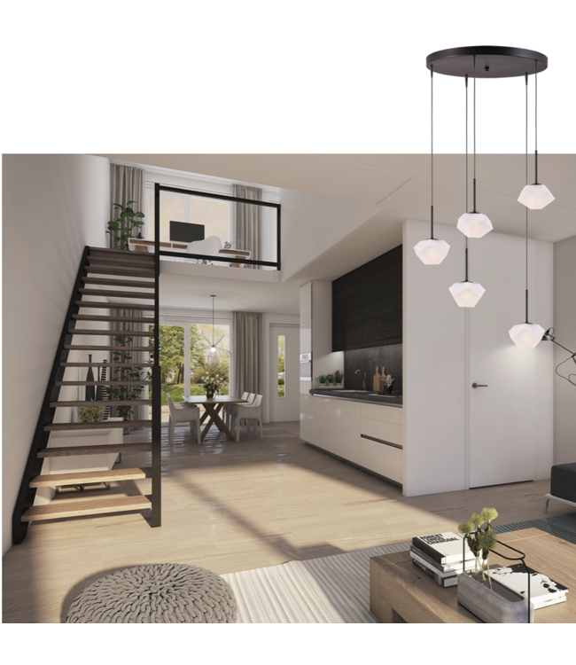 Videlamp Pezzo rond 5 lichts hanglamp zwart 50cm mat diamant glas