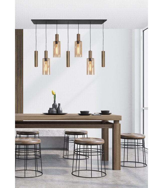 Hanglamp zwart met 4glazen en 3 spots brons