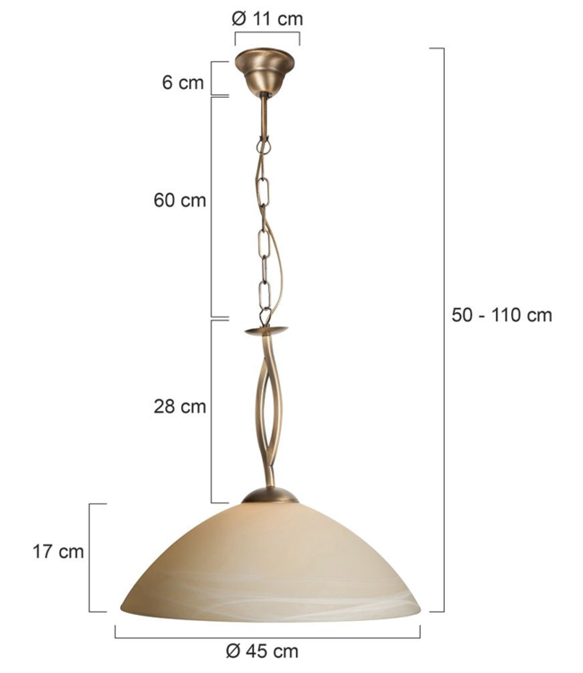 Klassiek hanglamp aan ketting brons met amber glas