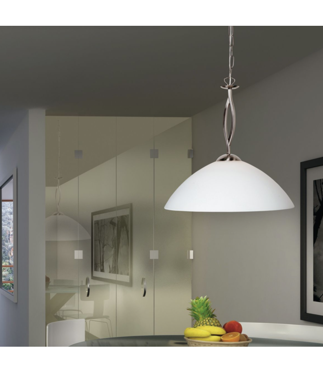 Klassiek hanglamp aan ketting staal met wit glas met ader