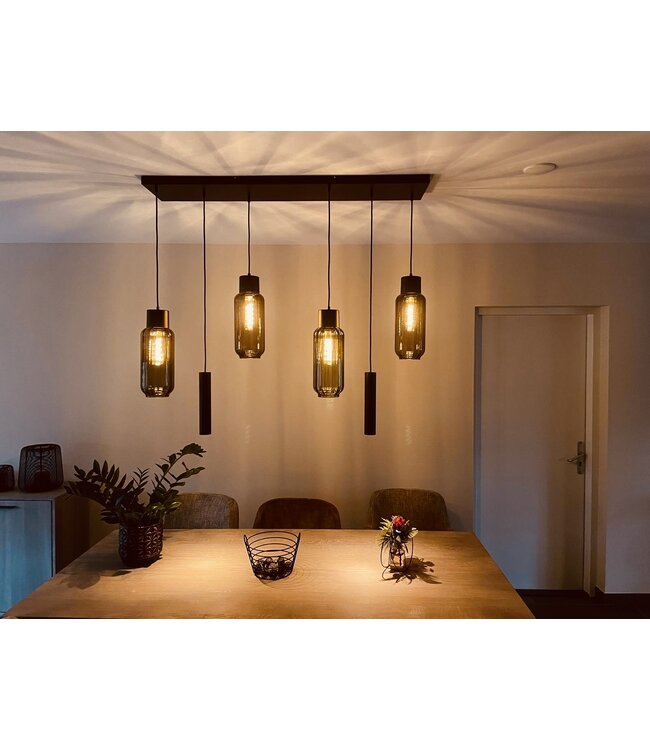 Hanglamp 4 Italiaanse lang ribbel glazen met spots 130cm