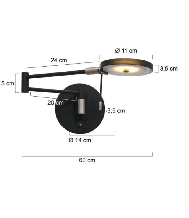 Wandlamp met zwenkarm zwart-smoke glas