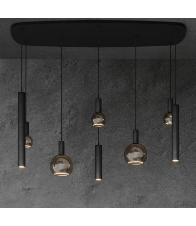 Deens ovale hanglamp zwart 145cm met spots en sierlampen