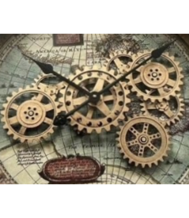 Klok met ingesneden landkaart en draaiende tandwielen - Ø60cm - black