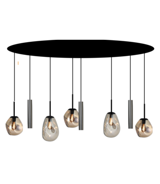 Masterlight Hanglamp maatwerk 5 Italiaanse glazen gedeukt  amber met spots ovaal 160cm