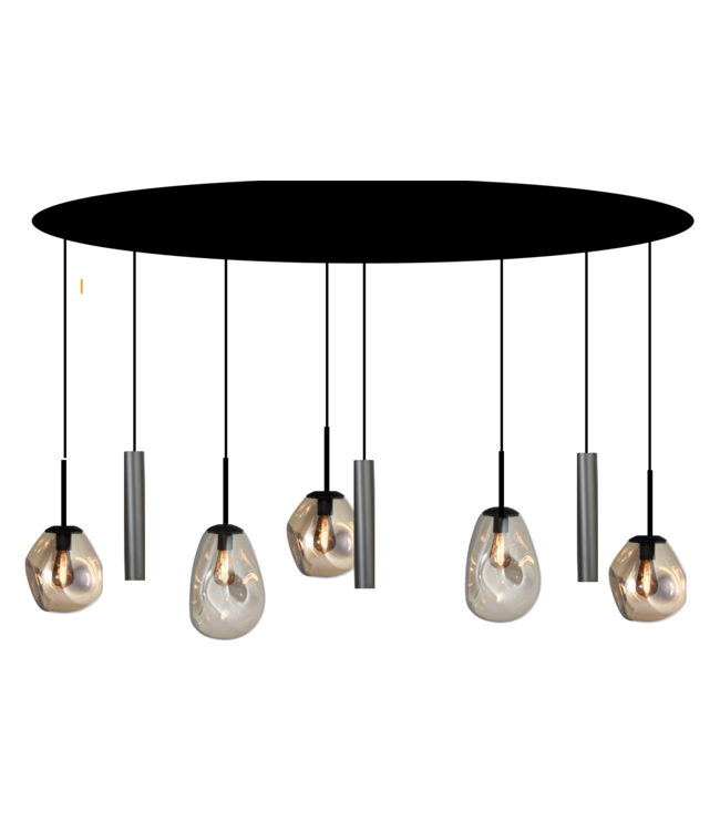 Hanglamp maatwerk 5 Italiaanse glazen gedeukt  amber met spots ovaal 160cm