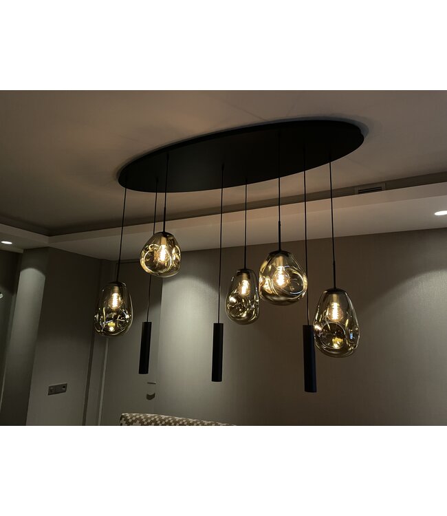Hanglamp maatwerk 5 Italiaanse glazen gedeukt amber met spots ovaal 160cm