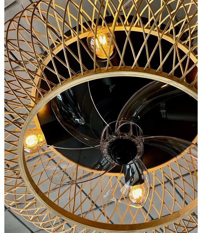 Plafond ventilator met licht opengewerkt riet naturel 48cm