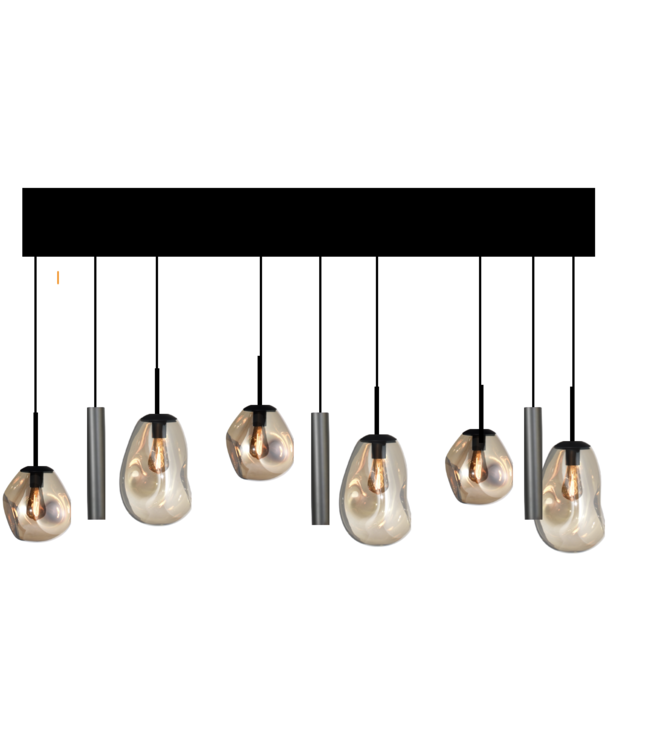 Hanglamp maatwerk 6 Italiaanse glazen gedeukt  amber met spots recht 180cm -25cm