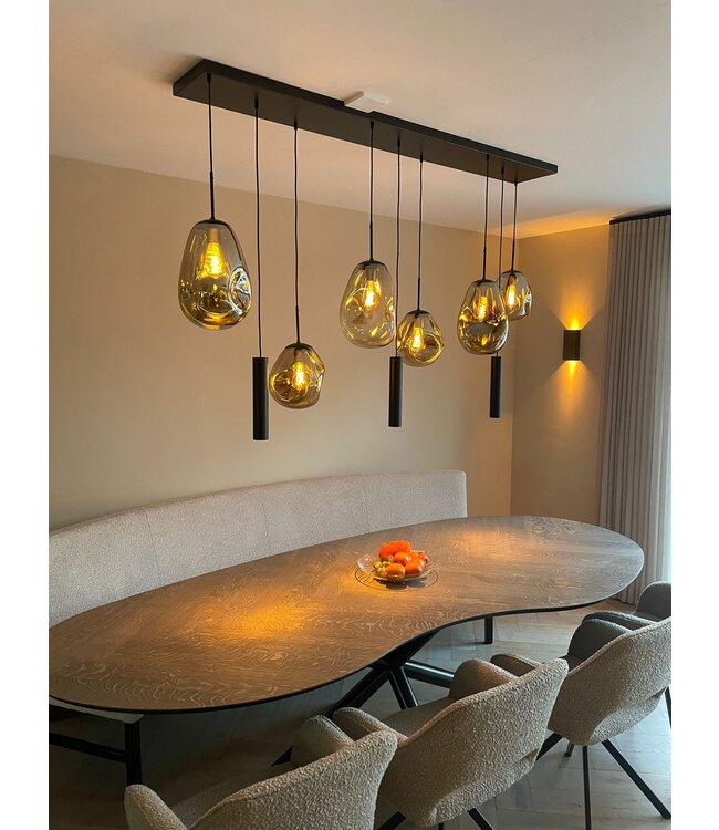 Hanglamp maatwerk 6 Italiaanse glazen gedeukt amber met spots recht 180cm -25cm