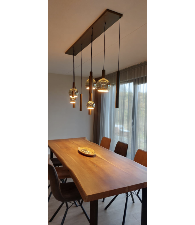 Hanglamp Tessi maatwerk 6 Segula e27 met 3 spots recht 160cm -25cm Lichtbronnen incl