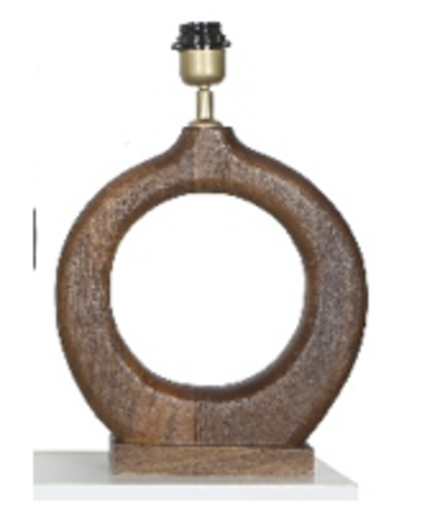 Bruine houten tafellamp met ovale linnen off white kap