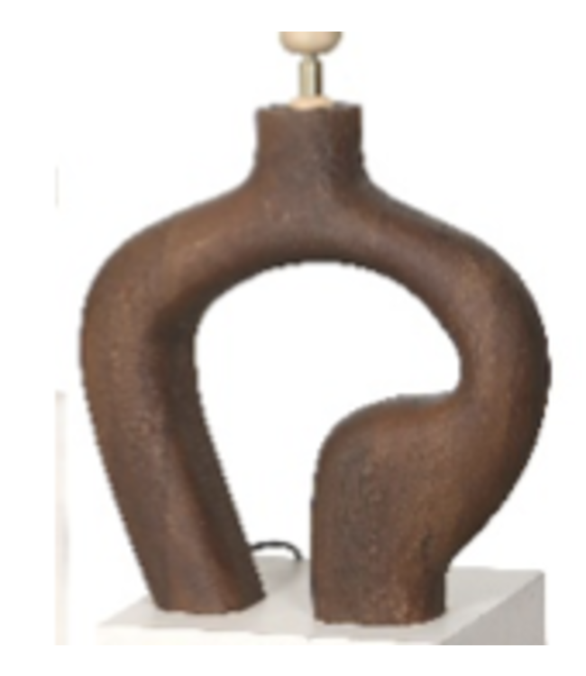 Bruine houten tafellamp met ovale linnen Taupe kap