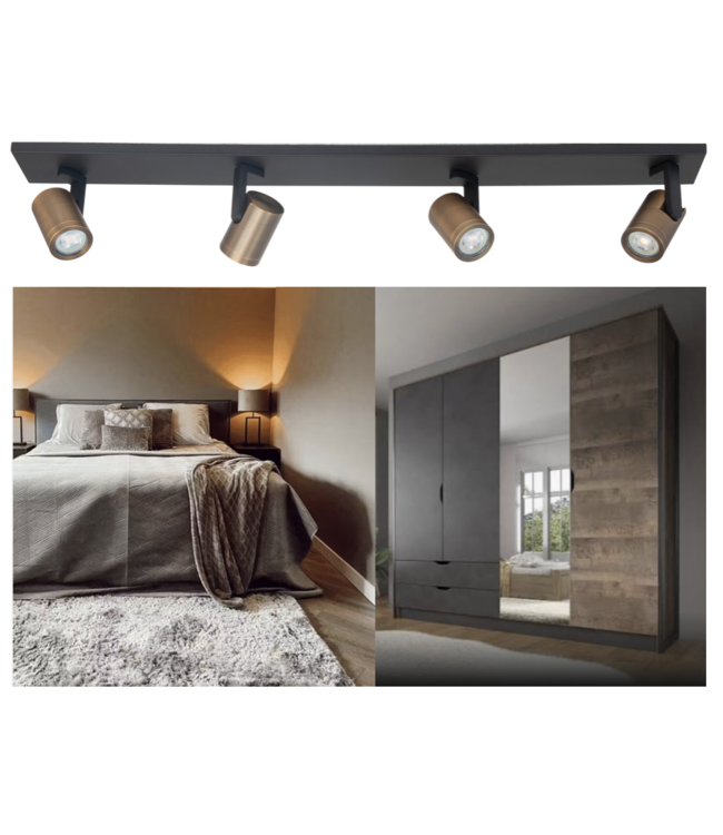 Halo spot balk 4 lichts zwart/brass