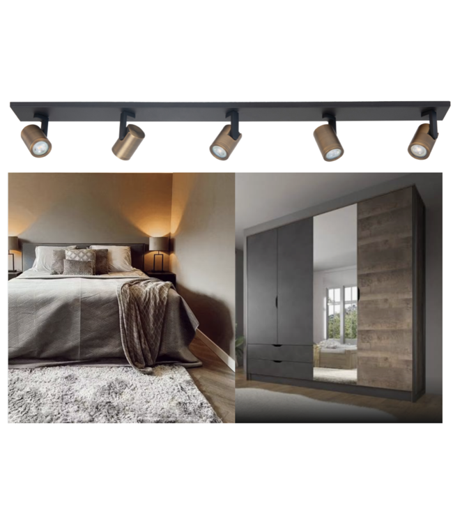 Halo spot balk 5 lichts zwart met brass