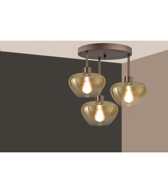 Plafondlamp genua 3 lichts Cacao met amber glas