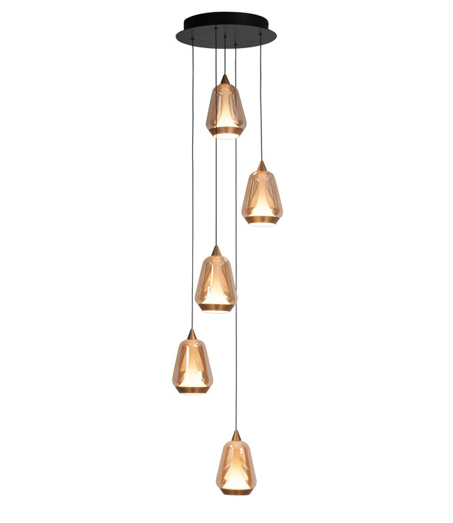Ronde  hanglamp 5 lichts zwart met amber glas en gold detail