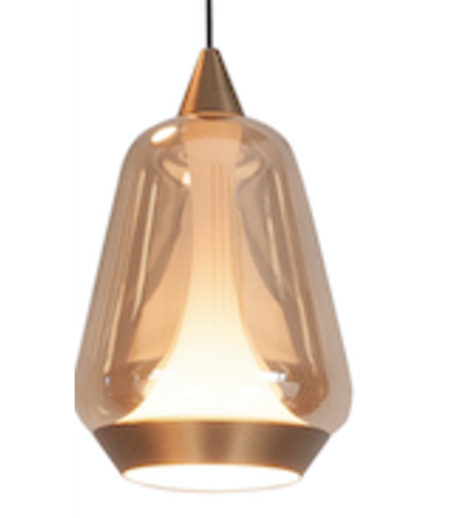 Ronde hanglamp 5 lichts zwart met amber glas en gold detail