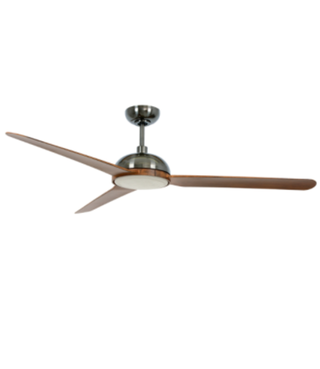 Fraai fluisterstille ventilator142cm oud nickel met houten bladen en licht