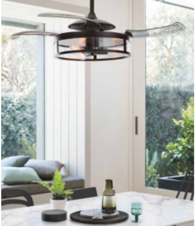 Plafond ventilator zwart met glas inclusief licht inklapbaar