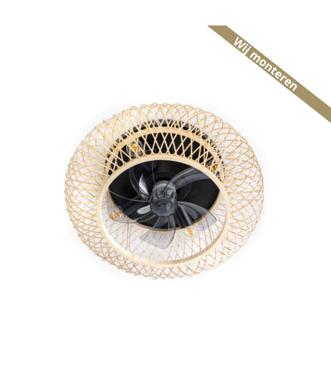 Plafond ventilator met licht opengewerkt riet naturel 48cm