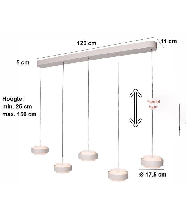 Pendelbare hanglamp in zandkleur 5L 120cm dimbaar