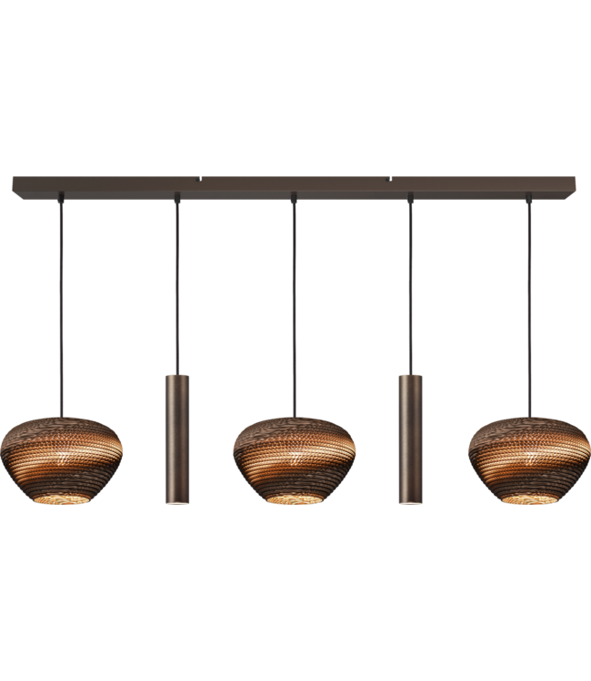 Masterlight Rechte cacao hanglamp met Cartone kappen 130cm-8cm 5lichts