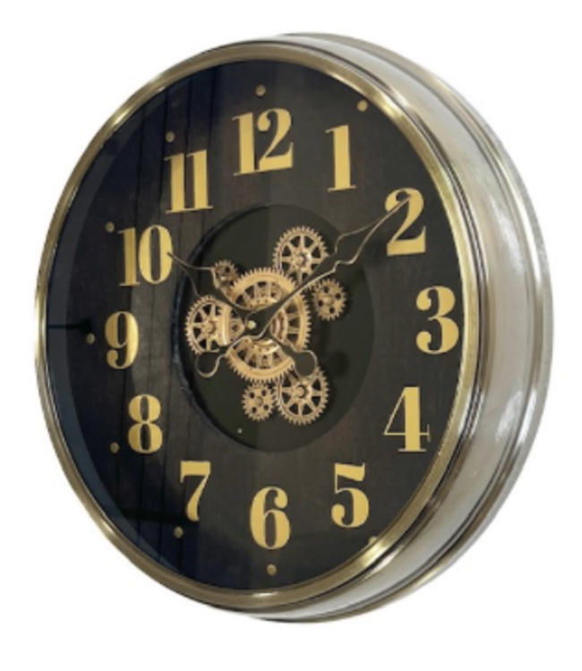 Klok met  cijfers draaiende gold tandwielen - Ø46 cm oudzilver bruin