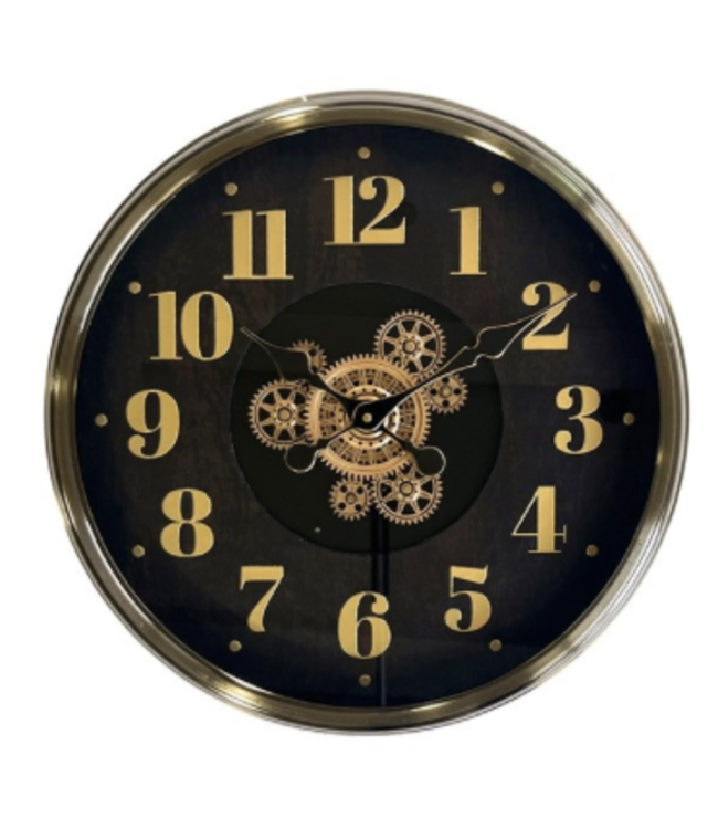 Klok met  cijfers draaiende gold tandwielen - Ø46 cm oudzilver bruin