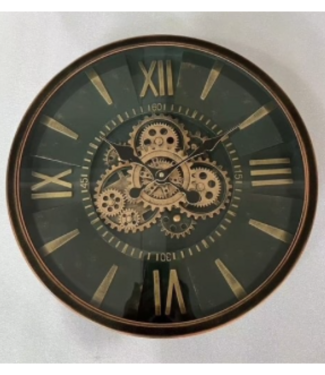 Klok met draaiende tandwielen - Ø60 cm - Bruin met groen