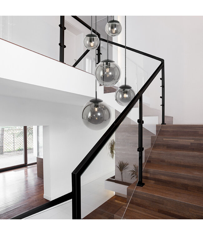 Vide Hanglamp bollique rond plaat 41cm 5 glazen bollen smoke