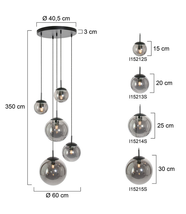 Vide Hanglamp bollique rond plaat 41cm 5 glazen bollen smoke